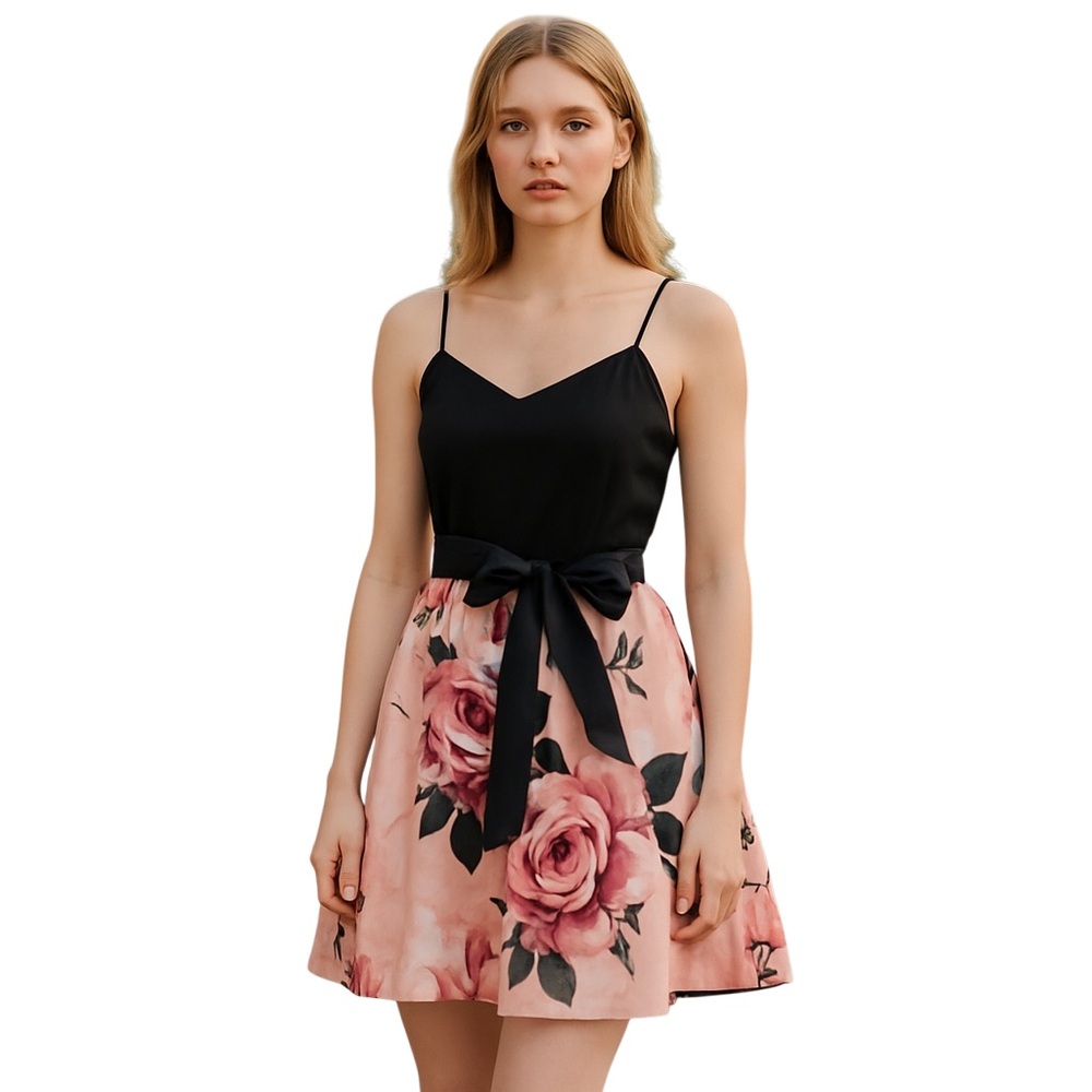 Black Floral Fit & Flare Dress Romantic Cottagecore Wedding Guest S/M